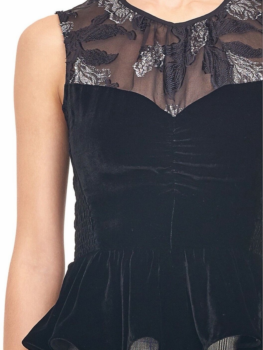 Rebecca Taylor Black Velvet Peplum Top with Metallic Lace Yoke